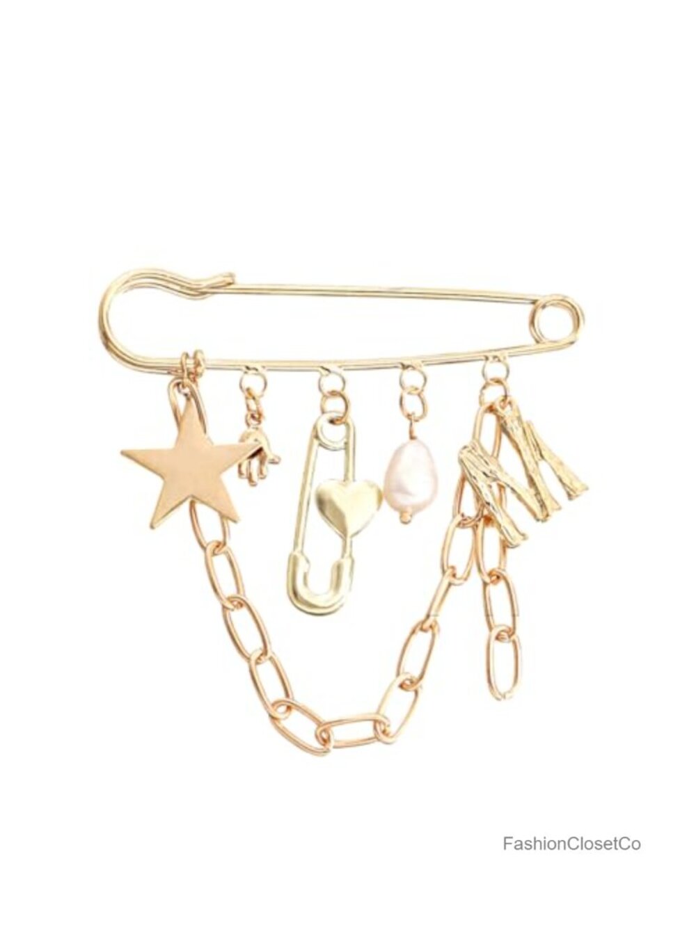 Vintage Tassel Chain Pin Brooch Punk Crystal Moon Heart Goth Gold Silver